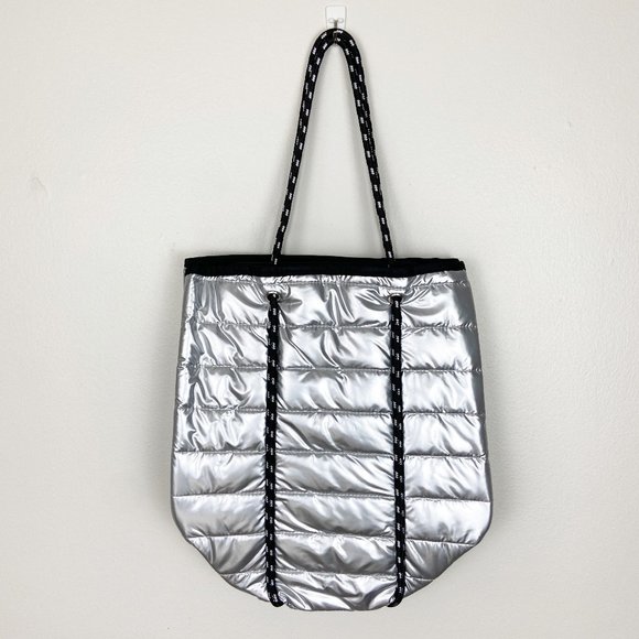 Puffer Metallic Silver Nylon Large Tote Puffy - Picture 5 of 10